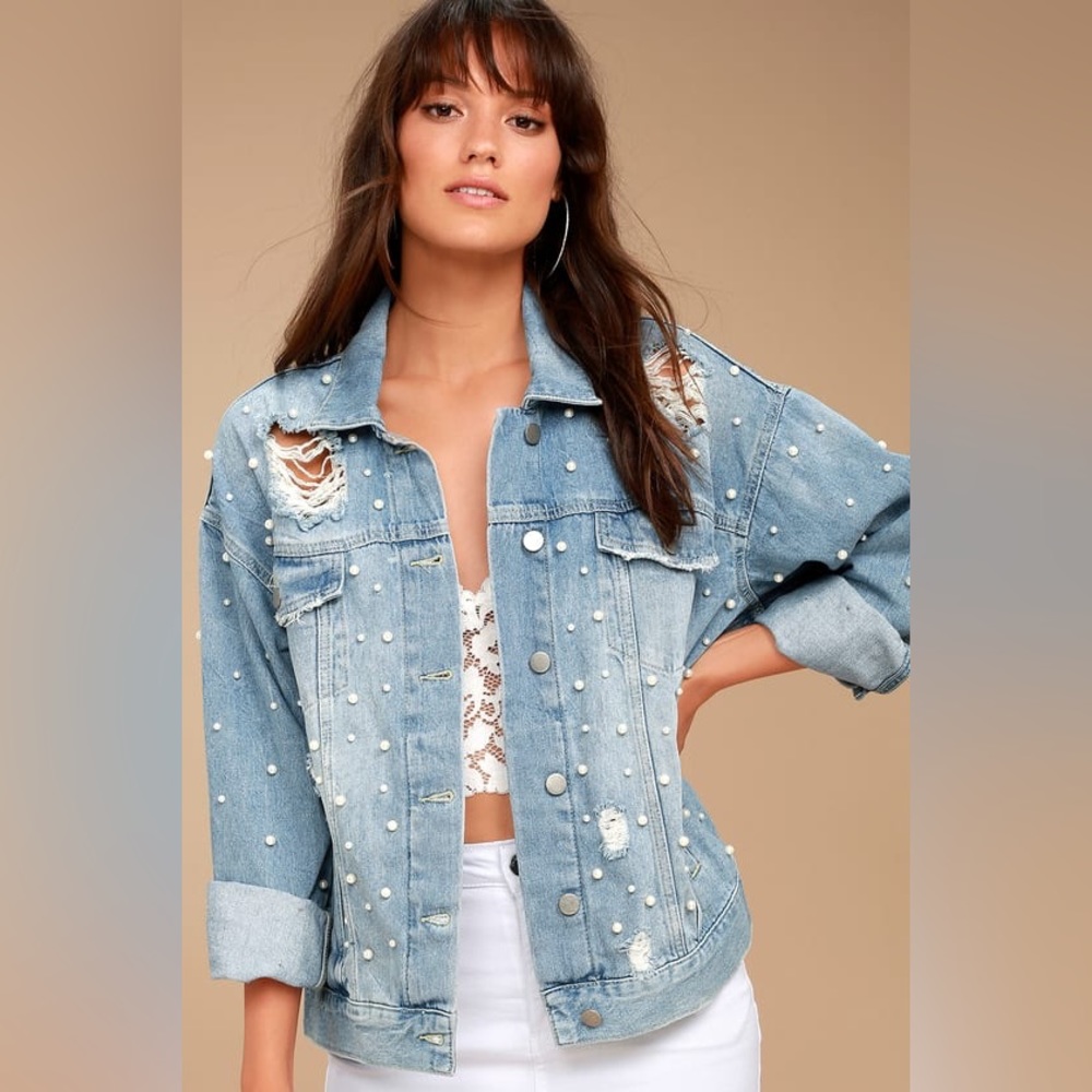 Women’s Free People Sunday Funday Blue Oversized Pearl Denim Jacket Small